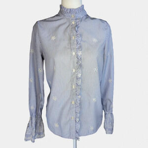 Blue & White Striped Blouse Embroidered Eyelet Bell Sleeve Button Up size XS